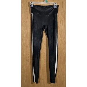Spanx Faux Leather White Side Stripe Black Leggings Slimming Women's Sz Sm